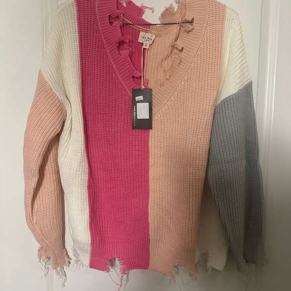 Colorblock V-Neck Sweater  - Pink, White, Peach, and Gray - Picture 1 of 5